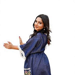 Robe midi bleue en coton à col en V et manches bouffantes, brodée, style bohème, avec dentelle, pour l'été, style ethnique, décontractée et respirante - Product Image 1