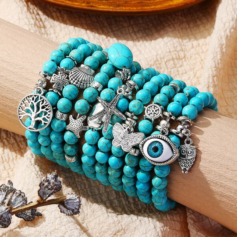 Pulsera de cuentas popular europea y americana, traje de mujer, pulsera turquesa de estilo étnico bohemio para mujer