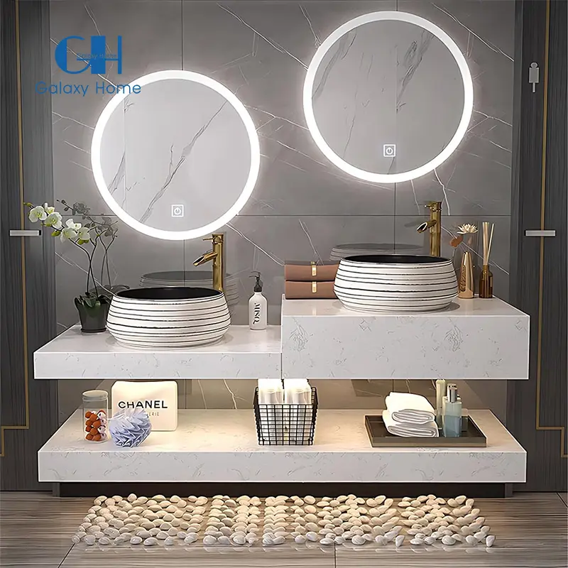 ODM com pia de mármore dupla Armários de banheiro com desenho clássico Armário de banheiro com espelho em shopping