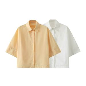 Ropa de Mujer ZA, Primavera/Verano, Nueva Moda, Estilo Vintage Minimalista, Camisa de Popelina con Solapa y Manga Tres Cuartos, Spandex, Color Sólido - Product Image 1