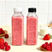 Bouteille carrée transparente épaissie de 16 oz pour jus et boissons avec couvercle, en PET, pour thé au lait, emballage commercial, vente en gros
