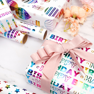 Venta al por mayor 80g cumpleaños colorido estampado en caliente papel tisú 43*300cm regalo lujo embalaje personalizado rollo de papel de regalo - Product Image 2