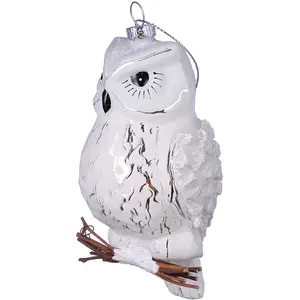 Wholesale custom hand blown white glittering glass owl bird statue Christmas tree decoration ornaments Eco-friendly