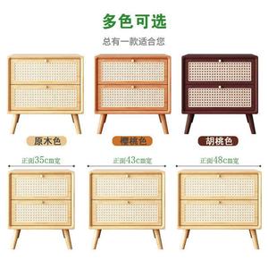 Solid Wood <b>Bedside</b> Table With Wicker Drawers Natural Color Japanese Style Bedroom <b>Storage</b> Cabinet - Product Image 2