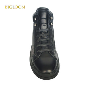 Bottes montantes en cuir noir pour hommes Panneaux en <span class=keywords><strong>feutre</strong></span> gris à enfiler Doublure en cuir véritable <span class=keywords><strong>Semelle</strong></span> en caoutchouc épaisse Oeillets métalliques Automne - Product Image 2