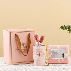 Ensemble cadeau de tasse en acier inoxydable et en céramique personnalisé, serviette en peluche lapin, cuillère, boîte cadeau élégante pour femmes, demoiselles d'honneur, cadeau d'anniversaire - Product Image 2