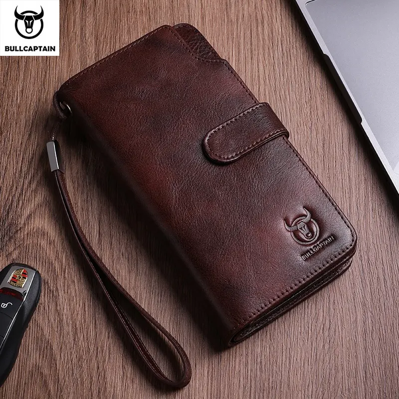 Кошелек BULLCAPTAIN мужской кожаный на молнии, удлиненный бумажник для мелочи, клатч с RFID-защитой для удостоверения личности, документов, карт, 028