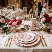 Assiettes en céramique peintes à la main rouges et blanches en gros, service de vaisselle en porcelaine vintage romantique pour la restauration et les mariages