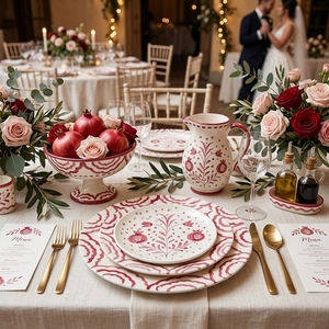 Assiettes en céramique peintes à la main rouges <span class=keywords><strong>et</strong></span> blanches en gros, <span class=keywords><strong>service</strong></span> de vaisselle en porcelaine vintage romantique pour la restauration <span class=keywords><strong>et</strong></span> les mariages - Product Image 6