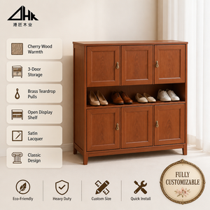 Mueble <span class=keywords><strong>Zapatero</strong></span> Bajo de Madera de <span class=keywords><strong>Cerezo</strong></span> con 6 Puertas y Estante Central Abierto, Tiradores de Latón en Forma de Lágrima, <span class=keywords><strong>Armario</strong></span> de Almacenamiento para Entrada - Product Image 1