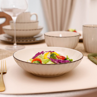 Service de table 16 pièces en grès cannelé, blanc crème avec rebord noir, assiettes, bols, tasses, compatible micro-ondes et lave-vaisselle, style ferme