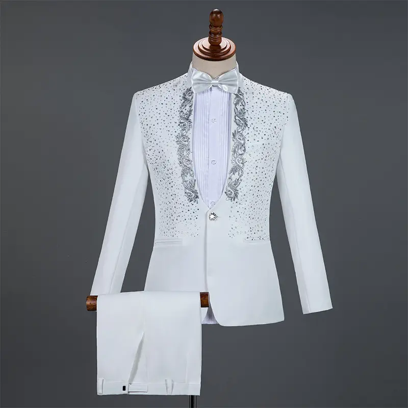 Herren Bräutigam Hochzeiten Blazer Hosen Set 2 Stück Stehkragen Pailletten Sänger Host Kostüm Stage Chorus Herren Kleid Anzug