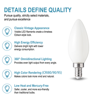 Ampoule LED à filament bougie B11 C35 5,5W à économie d'énergie, dimmable, 2700K CRI90, verre givré blanc pour éclairage décoratif
