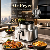 Friteuse à air électrique Longbank 1800W, contrôle numérique intelligent, acier inoxydable, grande capacité 6 litres avec 6 programmes de cuisson prédéfinis