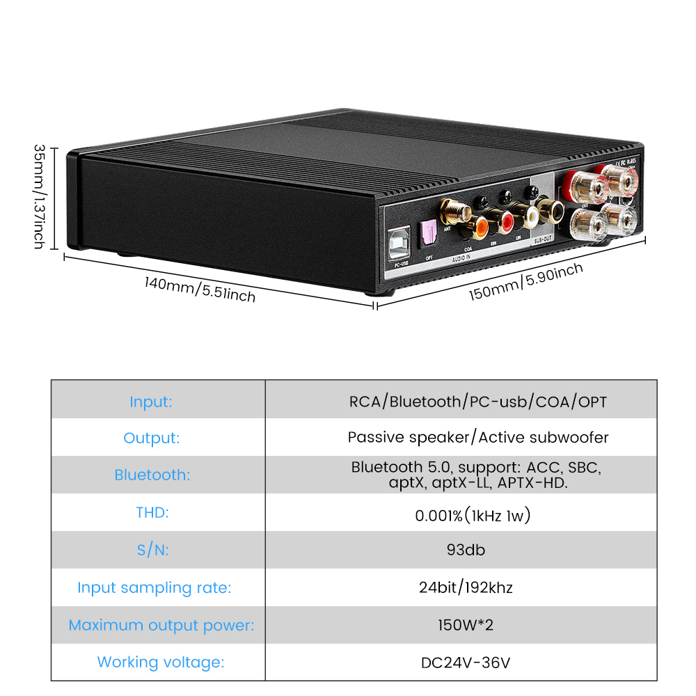 AIYIMA オーディオ D03 BT 5.0 アンプ 150Wx2 ステレオ HiFi 2.1