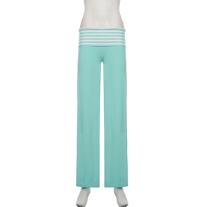 Pantalones Casuales Rectos de Pierna Ancha con Bloques de Color y Cintura Plegable, Estilo Y2K, Versátiles, con Rayas Verde Menta y Diseño de Parches, para Principios de Otoño - Product Image 6