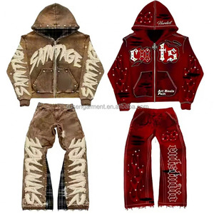Custom Vintage Streetwear Acid Wash Applique Embroidery Suit <strong>Tracksuit</strong> Men's Rhinestone Zip up Hoodie and Sun Faded Hoodie Set - Product Image 1