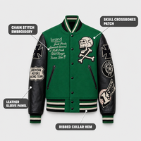 Blouson Bomber en Laine Vert et Noir Brodé Multi-Patchs Personnalisé OEM pour Hommes, Style Vintage Oversize Hip Hop Streetwear Y2K
