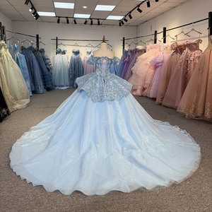 8507 <b>Blue</b> Sparkle Tulle Quinceanera Dress Strapless Sequin Bodice Organza for Party - Product Image 3