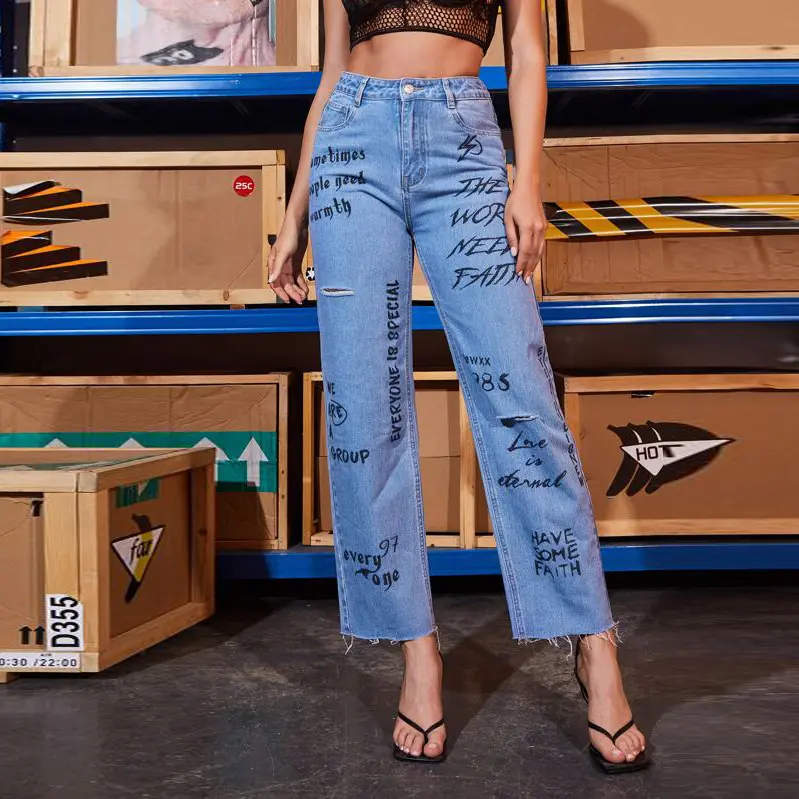 Custom Brief Grafische Ripped <span class=keywords><strong>Jeans</strong></span> Casual All Over Print Logo Button Fly En Rits Vrouwen Hoge Kwaliteit <span class=keywords><strong>jeans</strong></span>