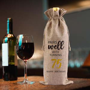 Sacchetto Regalo Personalizzato in Lino con Coulisse per Bottiglia <span class=keywords><strong>di</strong></span> Vino, per 75° <span class=keywords><strong>Compleanno</strong></span>, Ecologico, Vendita all'Ingrosso - Product Image 3