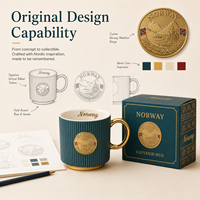Mug à café en céramique souvenir touristique Norvège, design drapeau et bâtiment emblématique, badge métallique, pour porcelaine fine, personnalisation OEM ODM, vente en gros