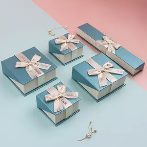 Excellent quality fine lake blue mini box set unique jewelry packaging box with magnet ribbon bow closure