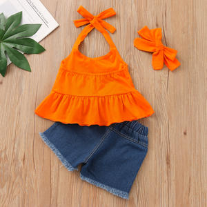 Conjunto de Ropa de Verano para Niñas Pequeñas 4780, Top de Tirantes con Hombros Descubiertos, Pantalones Cortos de Mezclilla con Agujeros, Conjuntos de Ropa para Niños Pequeños 2021 - Product Image 3