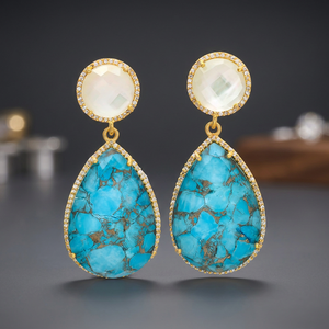 Nuevos Aretes de Moda para Niños con Turquesa y Perla, Gemas Dobles en Forma de Pera y Redonda, Bañados en Zinc Azul sobre Latón - Product Image 3