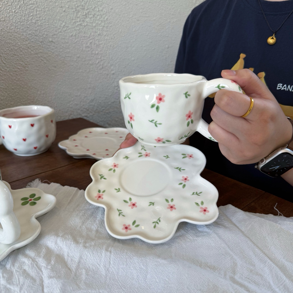 Coréen rose fleur tasse 300ml plat 17cm