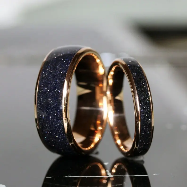 เนบิวลาแหวนขัดทังสเตนแหวนแต่งงานหินทรายสีฟ้าแหวนสีดำ