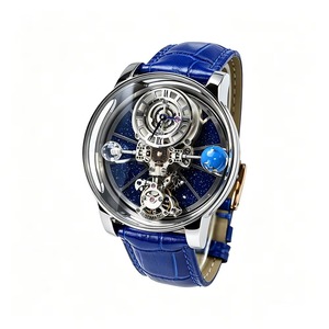 Luxury Men's Mechanical Skeleton Watch Blue Leather Strap Moon Phase Analog Stainless Steel Case 43mm Roman Numeral Dial - Product Image 2