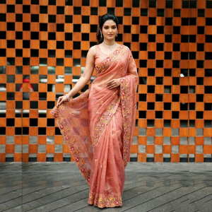 Sari de Seda Rosa Elegante de NiMa Creations con Bordado Floral, de Secado Rápido, para Bodas y Fiestas, Corte Regular, Estilo Indio - Product Image 1