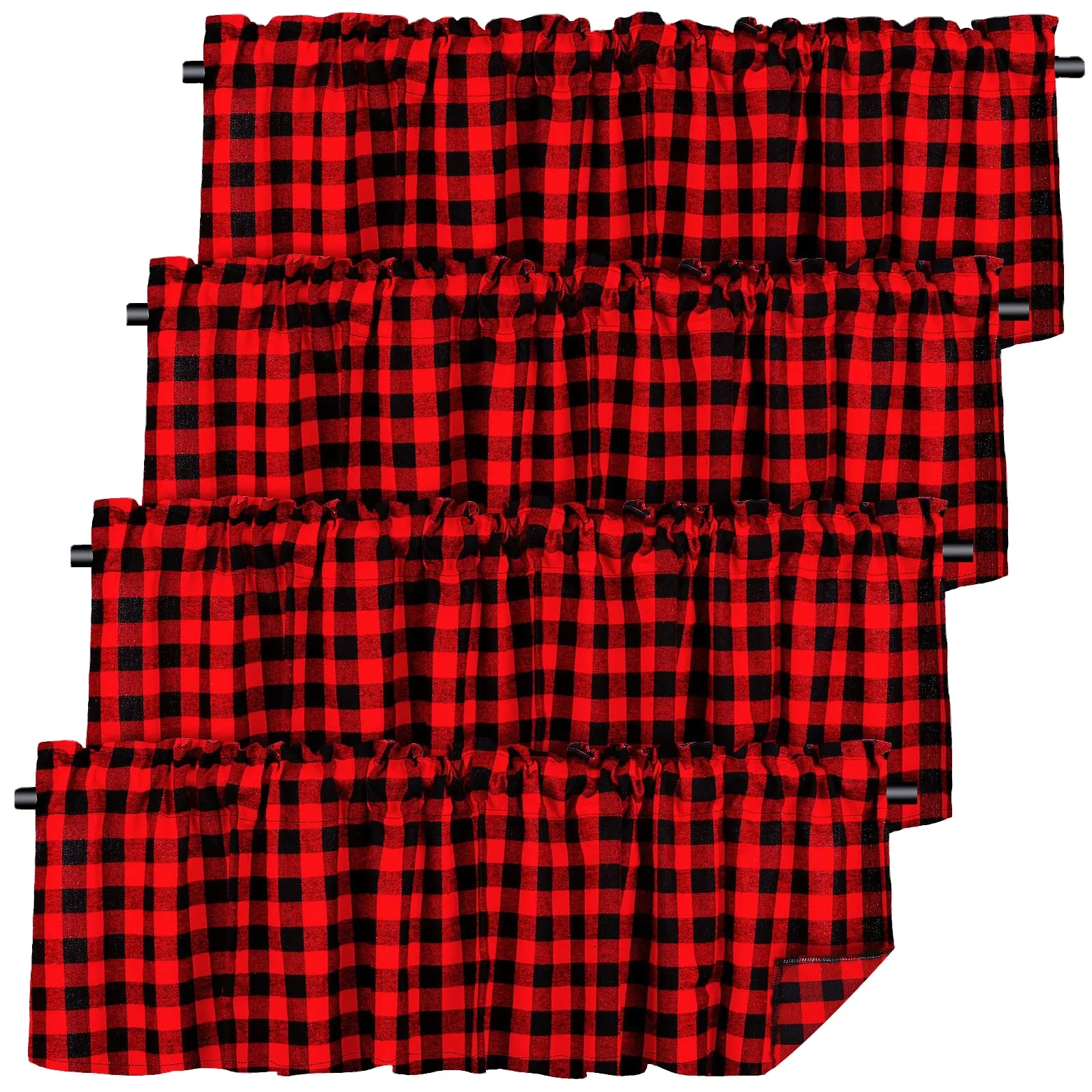 Buffalo Window Valances 4PCS Farmhouse Design Rod Pocket Buffalo Plaid Curtains for Kitchen Bathroom Living Room 16x56in