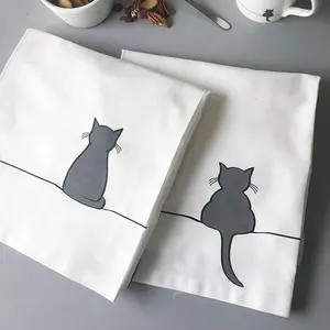 לבן חמוד חתול הדפסת כותנה מטבח כרית בד וניקוי תה מגבות ריק מותאם אישית הדפסת מתנות מגבות