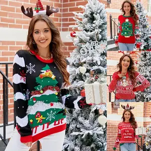 WingTu suéter de punto con patrón de árbol de Navidad bordado con lentejuelas de Jacquard con logotipo personalizado para mujer