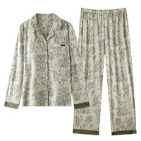 Nouveau Pyjama Femme 2026 Respirant à Imprimé Feuilles, Taille Élastique, Col Rabattu, Manches Longues, Longueur Complète, Taille XL, Printemps/Automne, 100% Coton