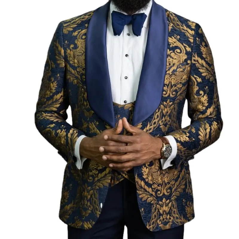 2022 New Costume Navy Blue Floral Jacquard Prom Men Suits for Wedding Slim Fit Groom Tuxedos Male Blazer 3 PCs Jacket Pants Vest