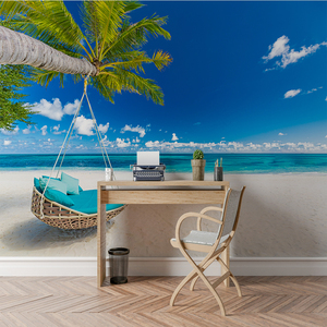 Papel Tapiz Mural 3D Moderno con Palmeras Tropicales, Cielo <span class=keywords><strong>Azul</strong></span> y Paisaje Oceánico, Ideal para Sala de Estar, Dormitorio u Hotel, Resistente al Agua - Product Image 4
