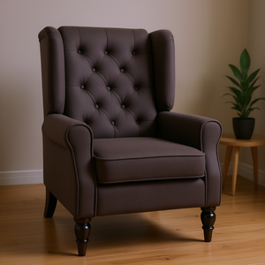 Poltrona Imbottita Marrone Scuro con Braccioli Rotondi e Gambe in Legno, Arredamento per Soggiorno - Product Image 2