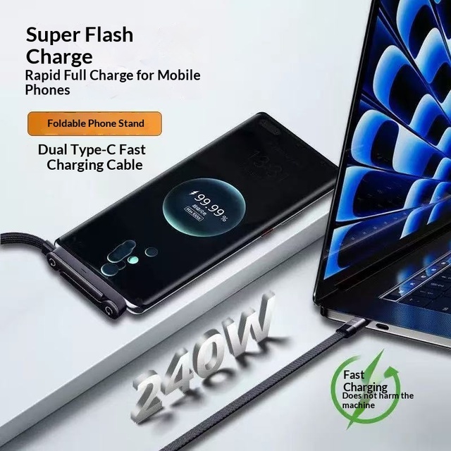 240W Fast Charging Type-C Braided Data Cable with Foldable Holder, Bent Head Charging Cable for iPhone 17/16/15