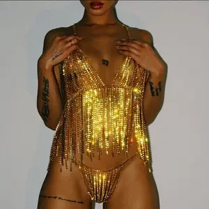 Bikini bling strass harnais Lingerie sous-vêtements string ensemble soutien-gorge cristal gland corps chaîne bijoux pour femmes