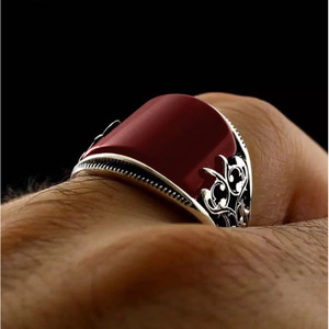 yunnique Red Lacquered <b>Ring</b> With Embossed Plant Pattern Geometric Shape Gift Jewelry CY1396 - Product Image 2