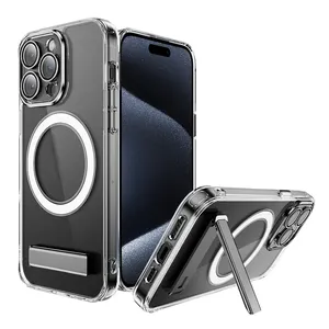 透明透明手机套，带支架手机座和镜头保护器磁性防震手机套，适用于iPhone 15 14 13