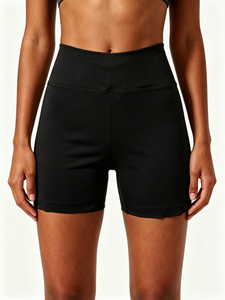 Pantaloncini Yoga Neri a Vita Alta Senza Cuciture, Tinta Unita, con Elastico in Vita, Lunghezza Corta - Product Image 4