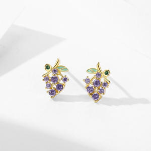 Pendientes de botón personalizables de plata de ley S925 con circonita púrpura talla redonda, diseño de uva, en oro de 14k, versión cobre, para mujer - Product Image 6