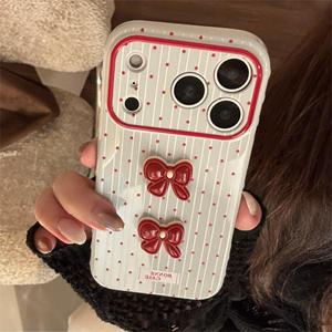 Suitable for iPhone 17 Pro Max case, premium burgundy polka dot 3D bow soft full-coverage shockproof phone case - Product Image 1