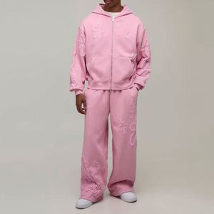 Sudadera con Capucha Rosa con Bordado Floral Invernal y Apliques de Flores, Conjunto Deportivo de Dos Piezas de Forro Polar Personalizado para Hombre - Product Image 1