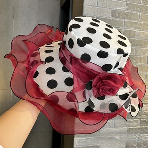 Sombrero de <span class=keywords><strong>Sol</strong></span> de Verano Estilo Británico, Elegante Sombrero de Organza para Mujer, Protección Solar, Ala Ancha, Diseño de Puntos - Product Image 4