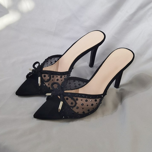 808 New Mesh <b>slippers</b> for Summer Wear, Rhinestone Bow High Heels, Slim Heels, Fashionable and Sexy Versatile Women's Shoes - Product Image 2